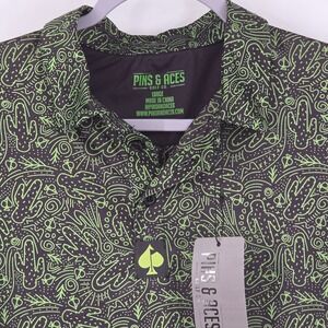 Pins‎ & Aces Mens Cactus Doodle Golf Polo Shirt Black Neon Green Large NWT